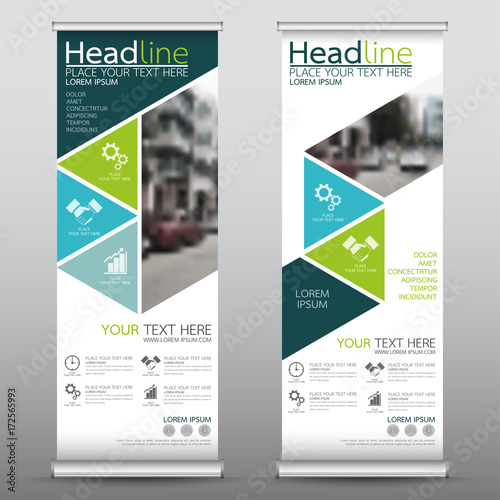 Roll up business banner design vertical template vector, cover presentation abstract geometric background, modern publication display and flag-banner, layout in rectangle size.