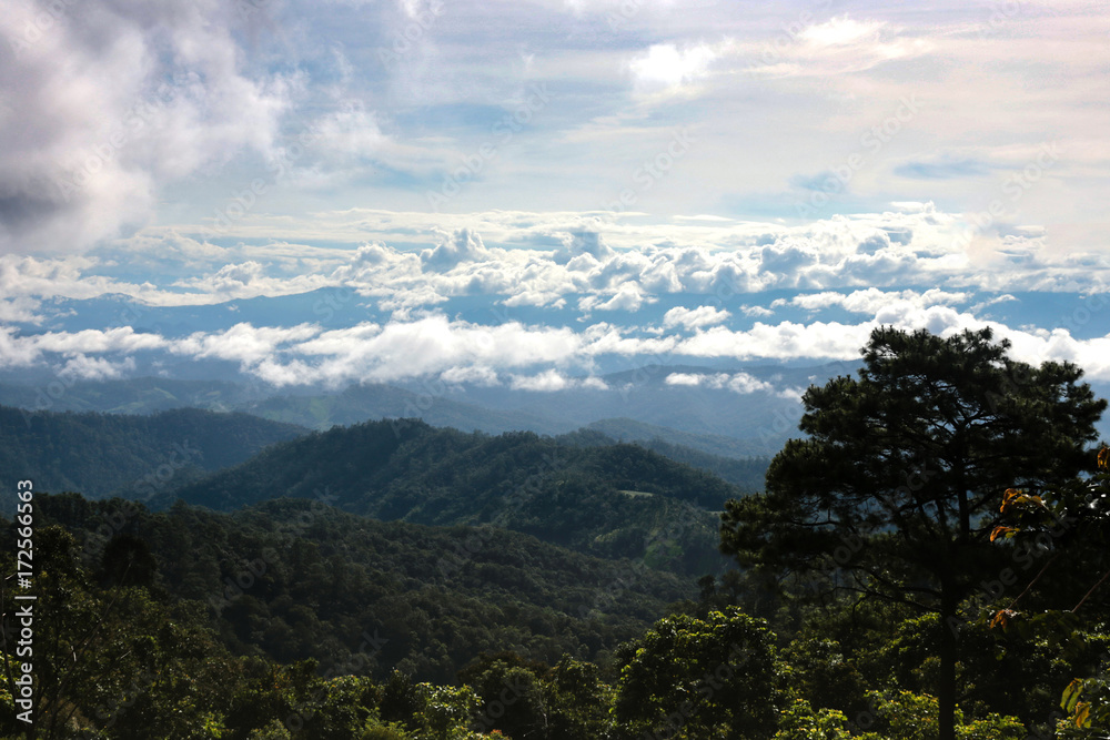 Photo taken from the top view of the sea of mist and clouds on top of the mountain in the morning at Chiangmai Thailand.