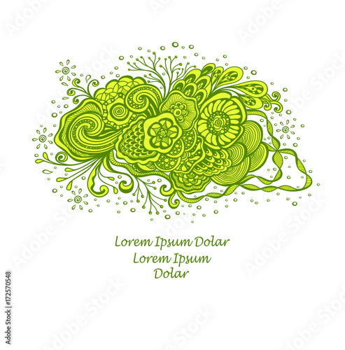 Template with abstract marine flowers bouquet in green yellow on white for decoration  package of perfume cosmetic shampoo soap or for advertising hygiene products purity  freshness 
