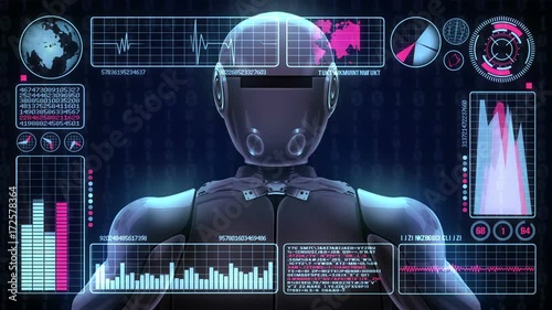 Robot includes a futuristic user interface with the word welcome. 3d animation rendering