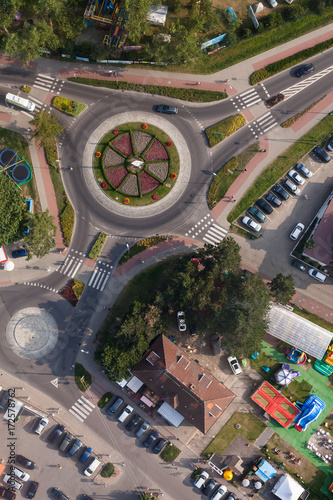 aerial view of roundabout in the city in the summer