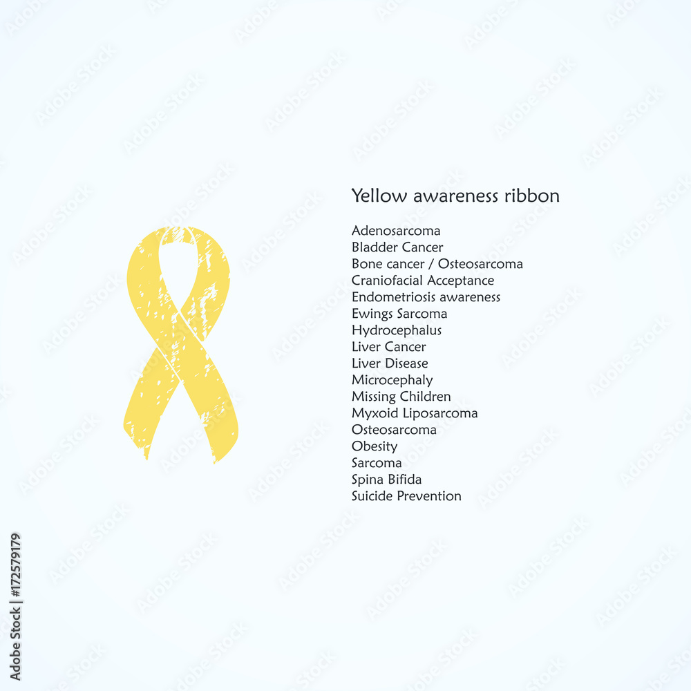 Yellow painted awareness ribbon. Bladder Cancer, Endometriosis,  Hydrocephalus, Liver Disease, Missing Children, Microcephaly. Isolated  icon. List of meanings, symbol, name of color. Stock Vector | Adobe Stock