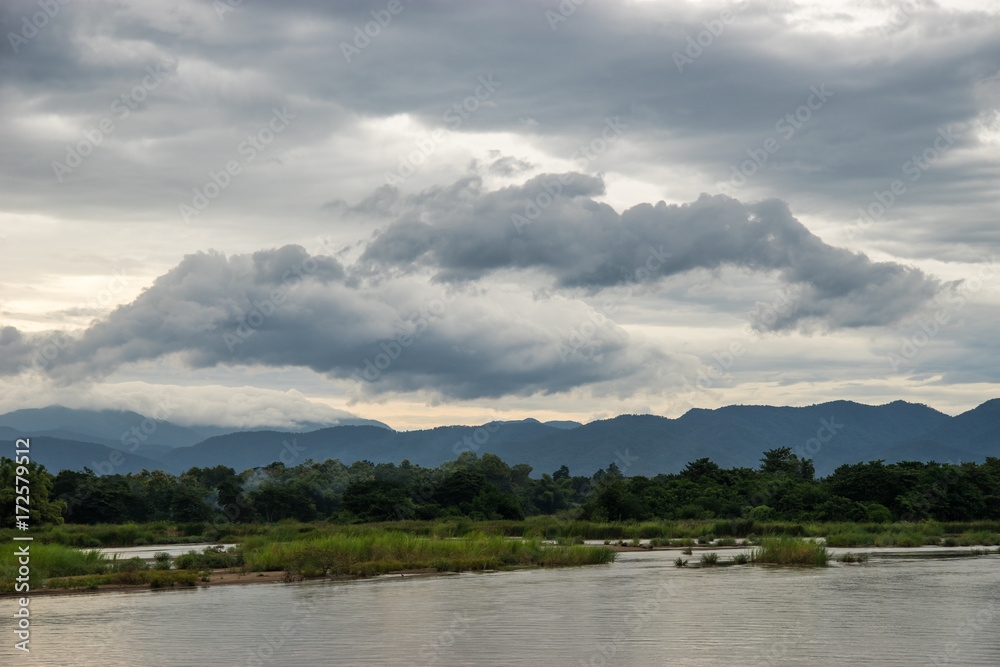 Landscape of river and mountain in rural of Thailand