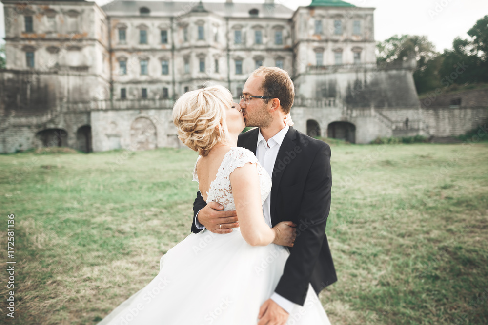 Fototapeta premium Beautiful romantic wedding couple of newlyweds hugging near old castle