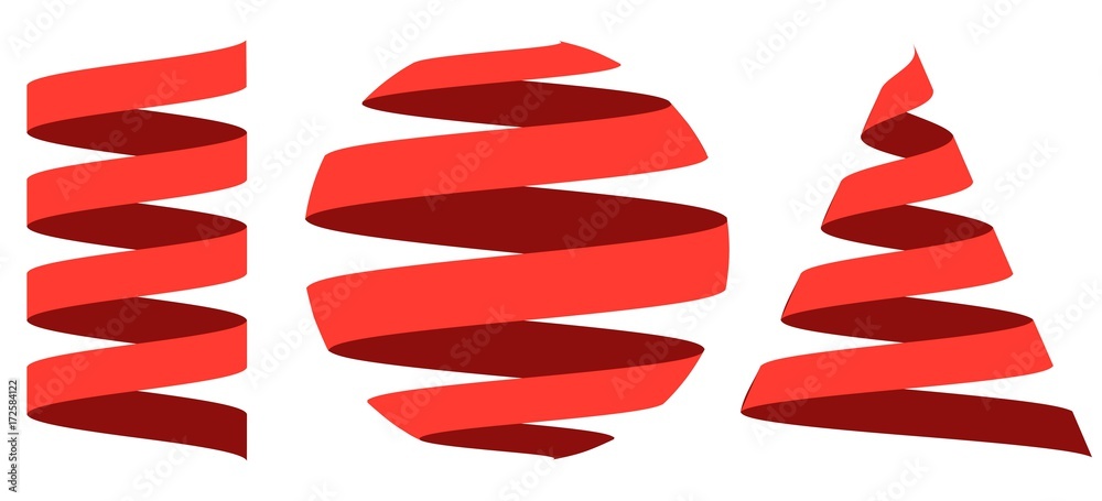 Set 3D ribbon strip, centered on the geometric shapes sphere , cylinder and cone, vector logo or holiday decoration for website or mobile app, easy edit color