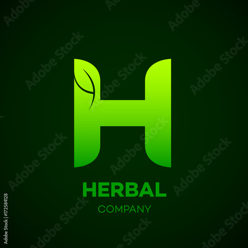  Letter H Green leaf, Herbal, Pharmacy, organic, natural, bio and eco friendly vector illustration