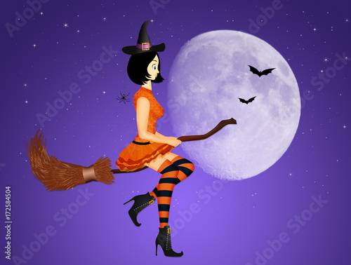 witch on broom in the moonlight