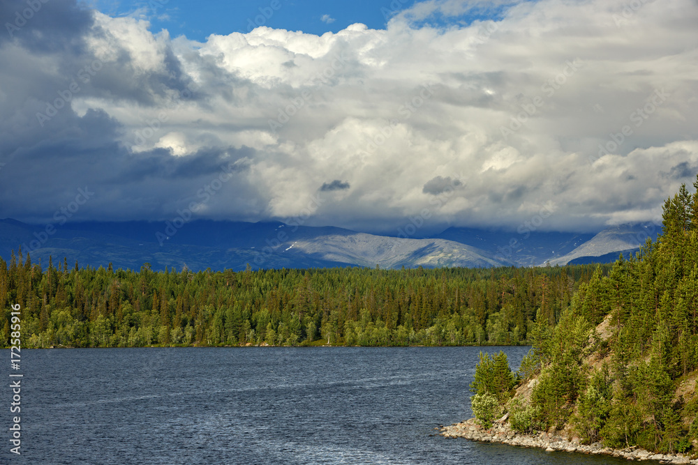 Panoramic views of the Khibiny mountains. Photographed on lake Imandra,