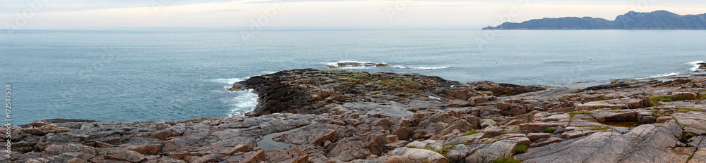 Panoramic view on the rocky shore of the Barents sea. Kola Peninsula, Arctic. Russia.