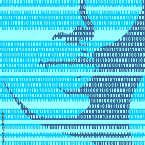 Lower part of the woman face front view. Elegant silhouette of a female head. Vector Illustration. Open mouth. Binary code double exposure