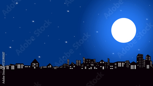 Silhouette scene of the city and night sky with stars and full moon.