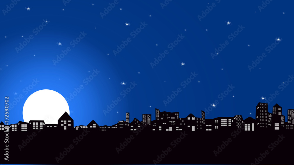 Silhouette Scene Of The City And Night Sky With Stars And Full Moon