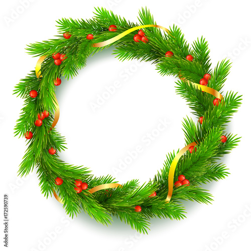 Traditional Christmas wreath made of green fir branches with red berries of viburnum, Golden ribbon on a white background. 3D illustration