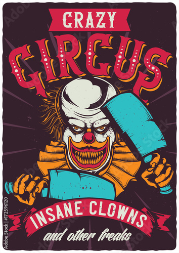 T-shirt or poster design with illustration of scary clown