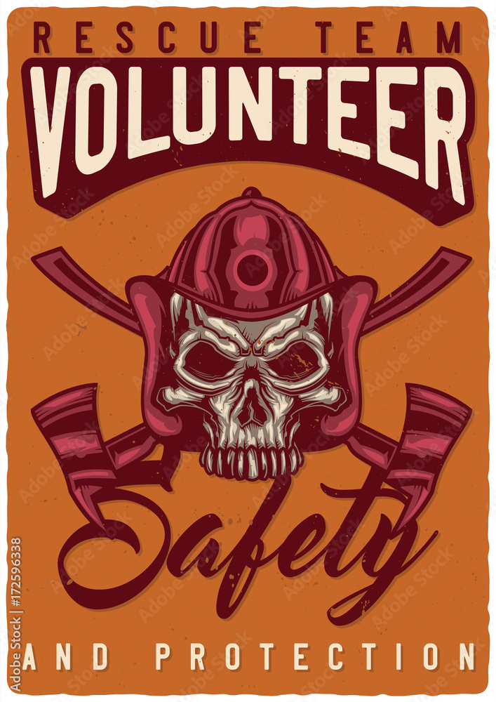 T-shirt or poster design with illustration of firefighter's skull