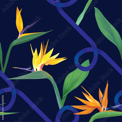Tropical seamless pattern with bird of paradise flowers and leaf on dark blue background. Vector set of exotic tropical garden for wedding invitations, greeting card and fashion design. 