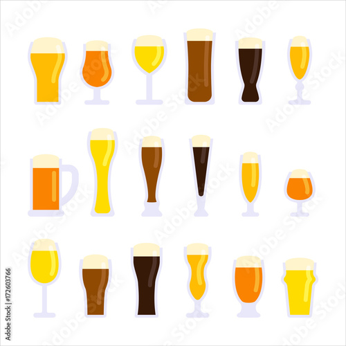 Various types of beer cups vector flat design illustration set 
