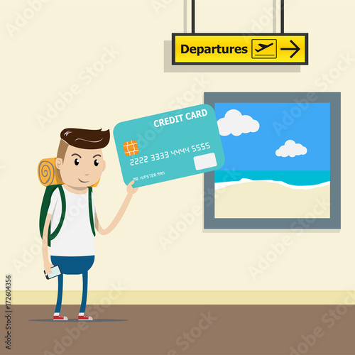 tourist with backpack at the airport terminal with credit card in hand. comfortable payment by credit card concept. easy spending. vector illustration eps10 photo