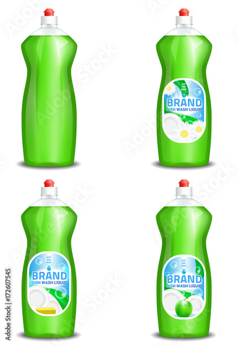 Vector set of realistic dishwashing liquid product icons isolated on background. Plastic bottle label design. Washing-up liquid or dishwashing soap brand advertising templates