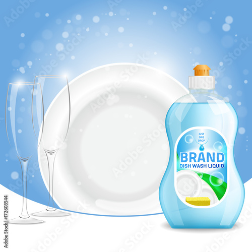 Vector 3d illustration of dishwashing liquid product advertisement. Plastic bottle label design. Washing-up liquid or dishwashing soap brand advertising poster