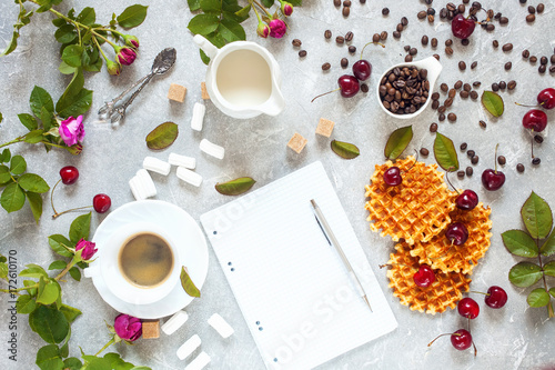 Coffee, milk and wafers. photo
