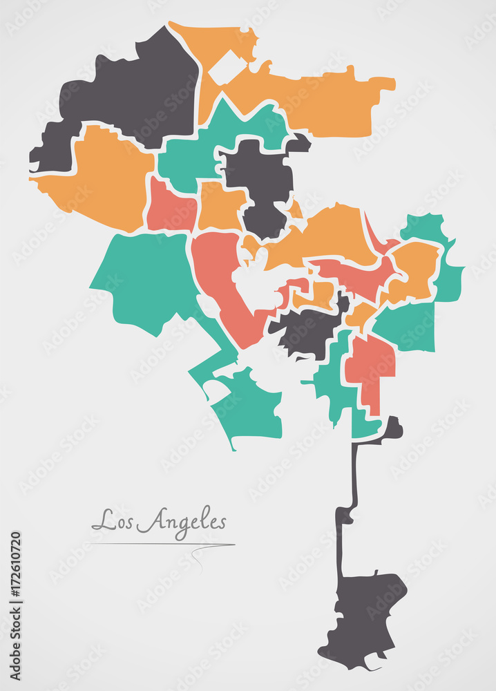 Fototapeta premium Mapa Los Angeles z dzielnicami i nowoczesnymi okrągłymi kształtami