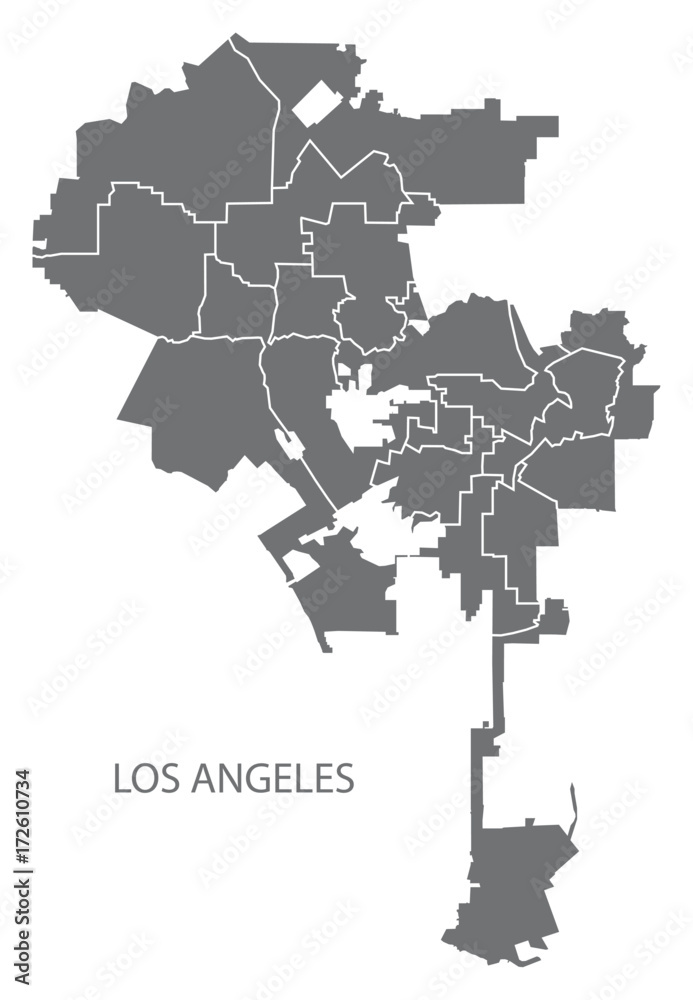 Fototapeta premium Mapa miasta Los Angeles z kształtem sylwetka ilustracja szara dzielnica