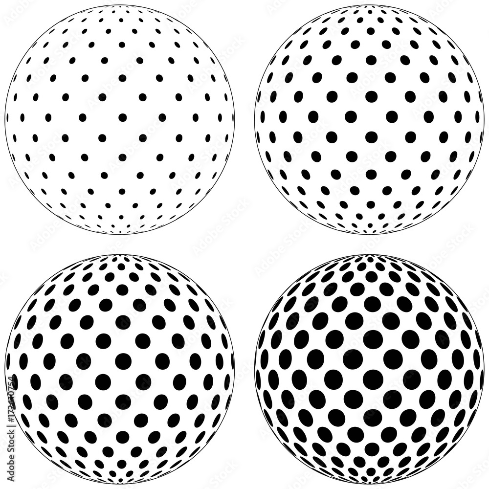 Set of 3D globe ball, dots circles pattern on the surface of the sphere, vector polka dot pattern on the surface of the ball