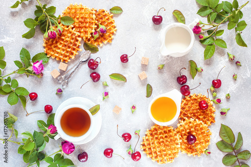 Tea  honey  cherry  milk and wafers.