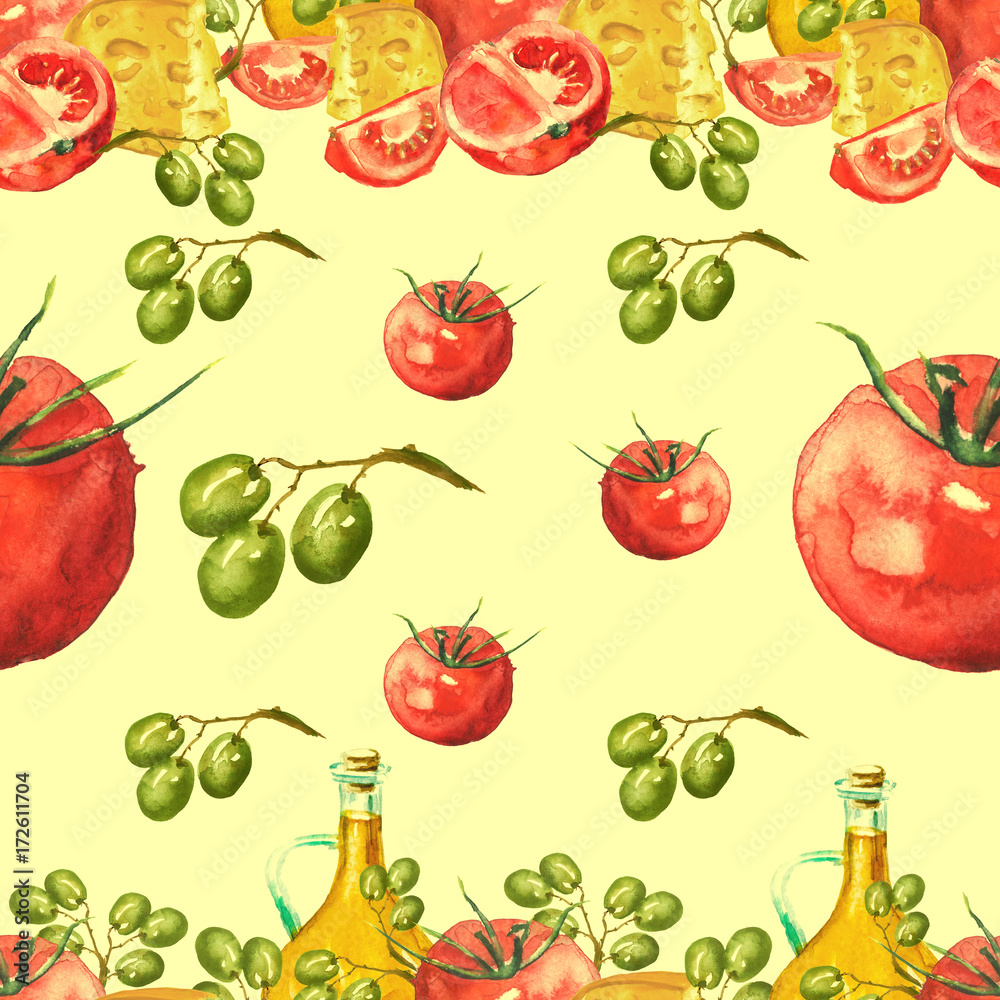 Watercolor seamless pattern. Olive oil in a transparent bottle and a branch with olives, cheese, tomatoes. Vintage illustration of a handmade on a yellow background. Watercolor seamless pattern. Olive oil in a transparent bottle and a branch with olives, cheese, tomatoes. Vintage illustration of a handmade on a yellow background.