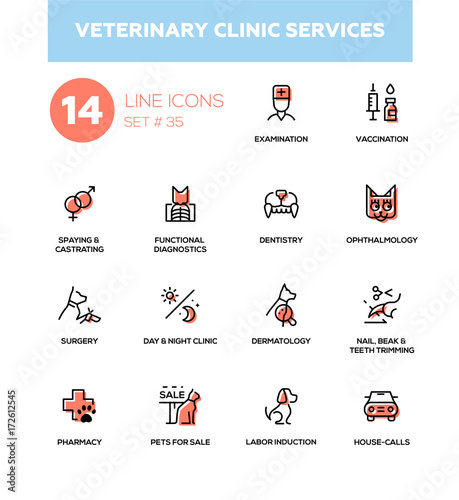 Veterinary clinic services - modern vector single line icons set