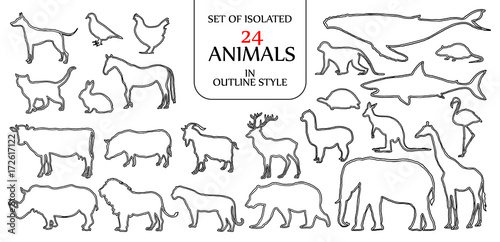 Set of isolated 24 animals illustration in double black outline style for logo, icon or background with blank space for text.