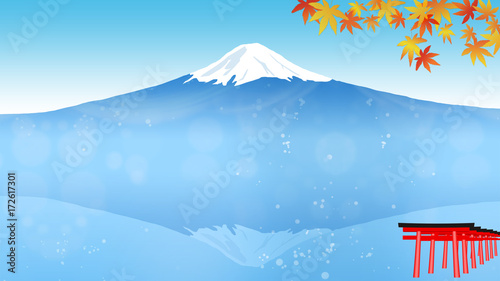 日本のシンボル富士山の見える秋の景色、紅葉と鳥居 (画面アスペクト比16:9)