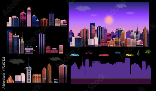Constructor for night city background. Easy to create your own view of the city, with separate elements - buildings, road, cars,background. Illustration is vector and prepared in modern flat style