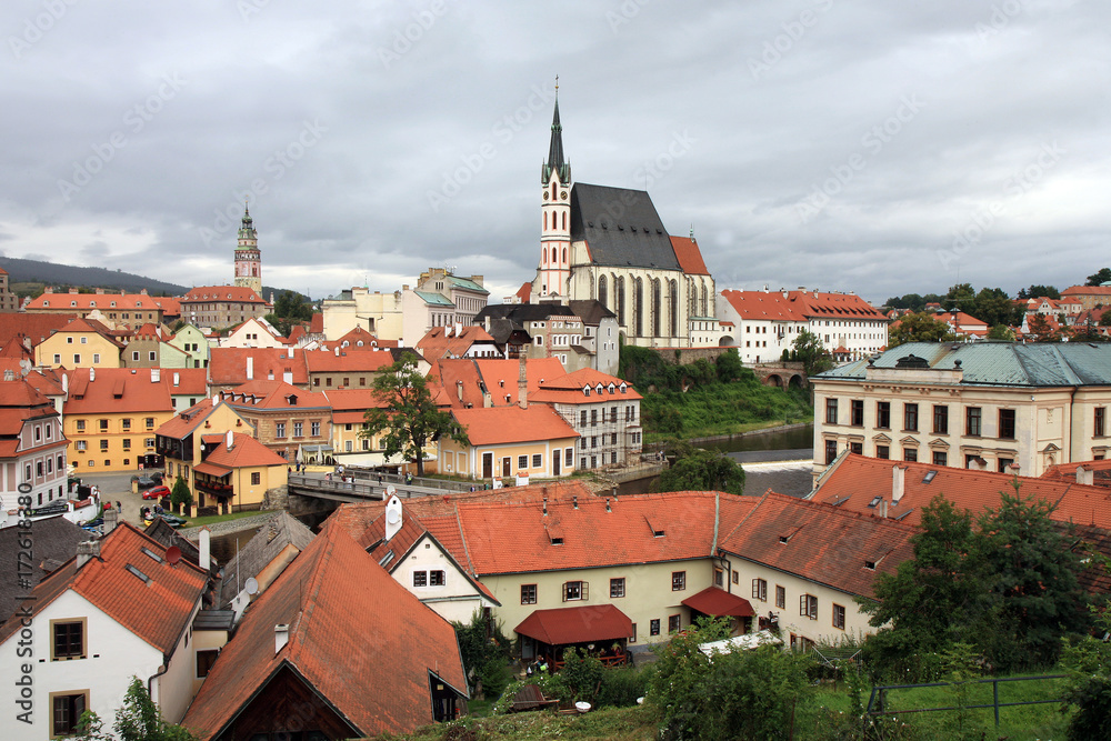 Panorama of the Old Town in Cesky Krumlov with colorful houses, Czechia, Heritage Unesco.
