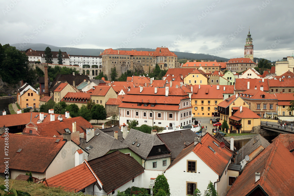 Panorama of the Old Town in Cesky Krumlov with colorful houses, Czechia, Heritage Unesco.
