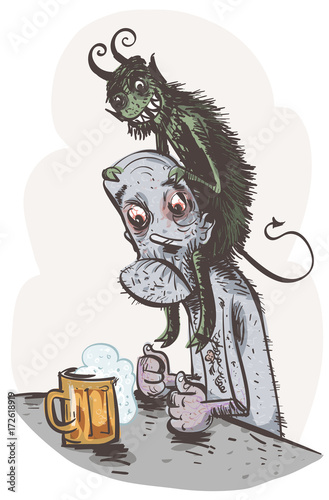 Alcoholic psychosis. Vector illustration