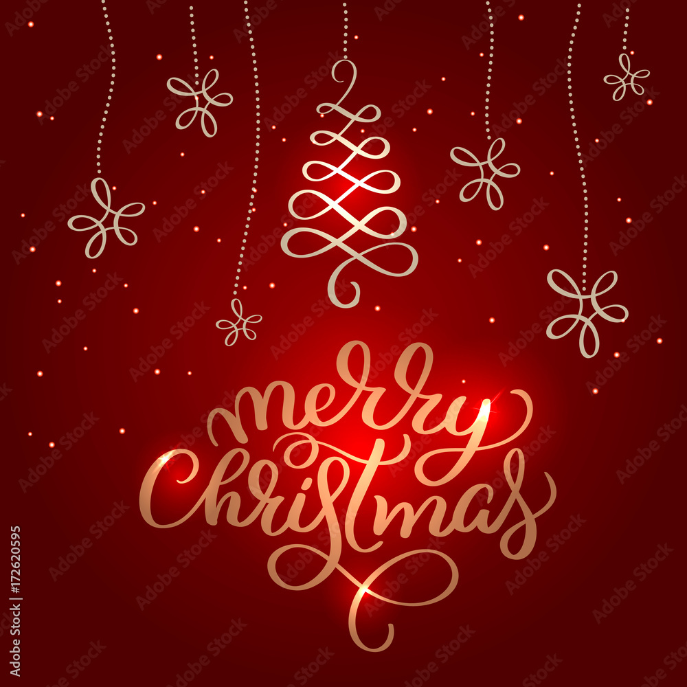 Merry Christmas text on on red holiday background. Hand drawn Calligraphy lettering Vector illustration EPS10