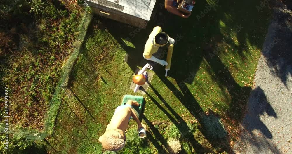 Overhead shots of giant American roadside attractions and oddities like Muffler Man, Brian Wilson the Beach Boy, Muffler Woman, and Grocery Man. Camera straight down.
