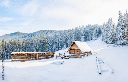 beautiful wooden house in a winter sunny day. © standret