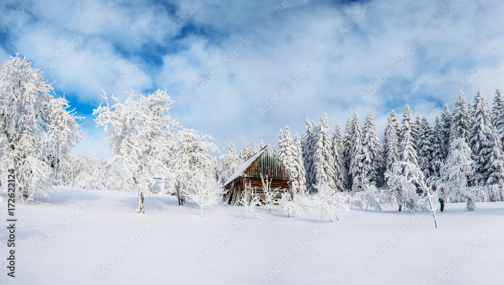 Cabin in the mountains in winter. Mysterious fog. In anticipation of holidays. Carpathians. Ukraine, Europe Cabin in the mountains in winter. Mysterious fog. In anticipation of holidays. Carpathians. Ukraine, Europe