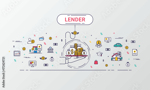 Lender infographics concept. Hand holding a money tray. Loan lending of money from bank, personal loans, credit card, organization or entity. Flat line design create by vector. Can be used for lender 