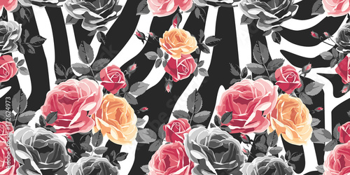 Roses seamless pattern on zebra background. Animal abstract print. Vector illustration