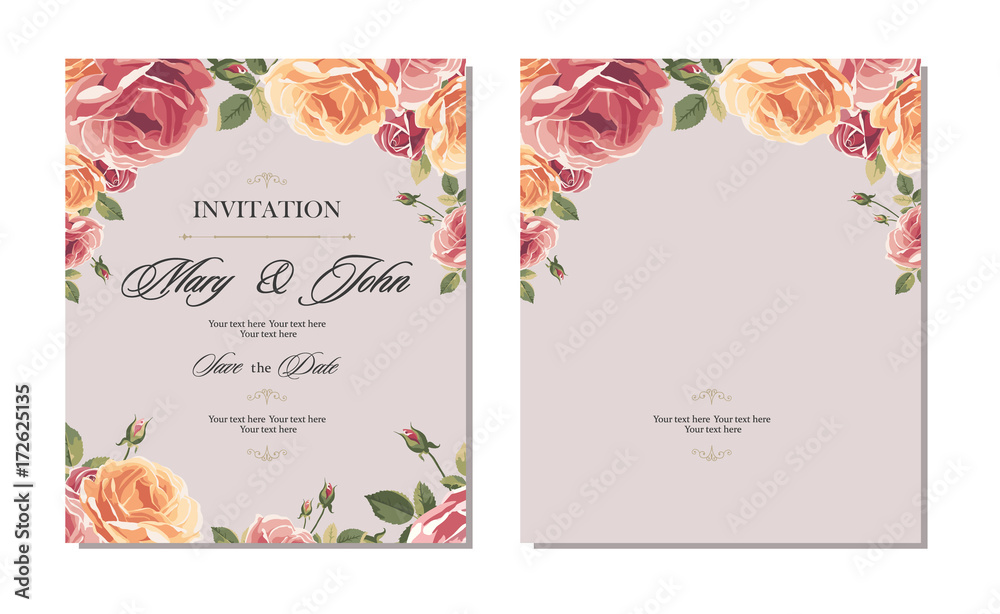 Wedding invitation vintage card with roses and antique decorative elements. Vector illustration