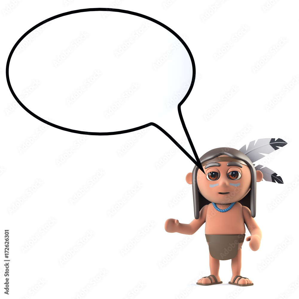 3d Funny cartoon Native American Indian with a speech balloon