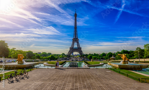 view of Eiffel Tower from Jardins du Trocadero in Paris, France. Eiffel Tower is one of the most iconic landmarks of Paris