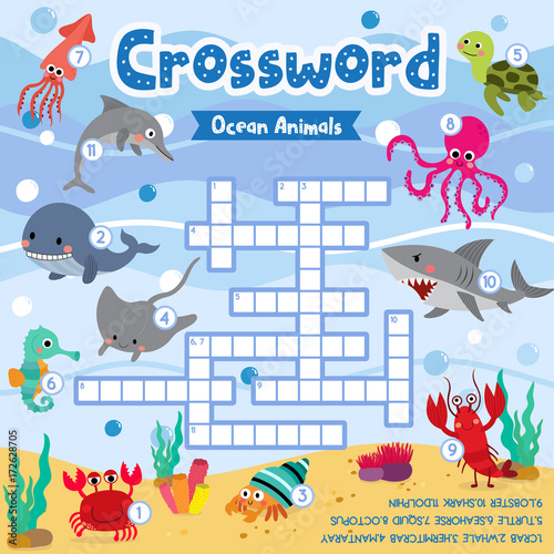 Crosswords puzzle game of ocean animals for preschool kids activity worksheet colorful printable version. Vector Illustration.
