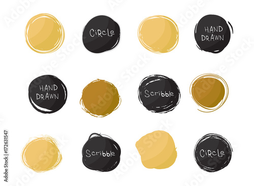 Set of black and gold round stains isolated on white background. Hand drawn scribble circles. Spot banner for text. Vector logo design elements