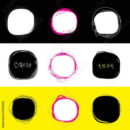 Set of round stains. Hand drawn scribble circles. Spot banner for text. Vector logo design elements