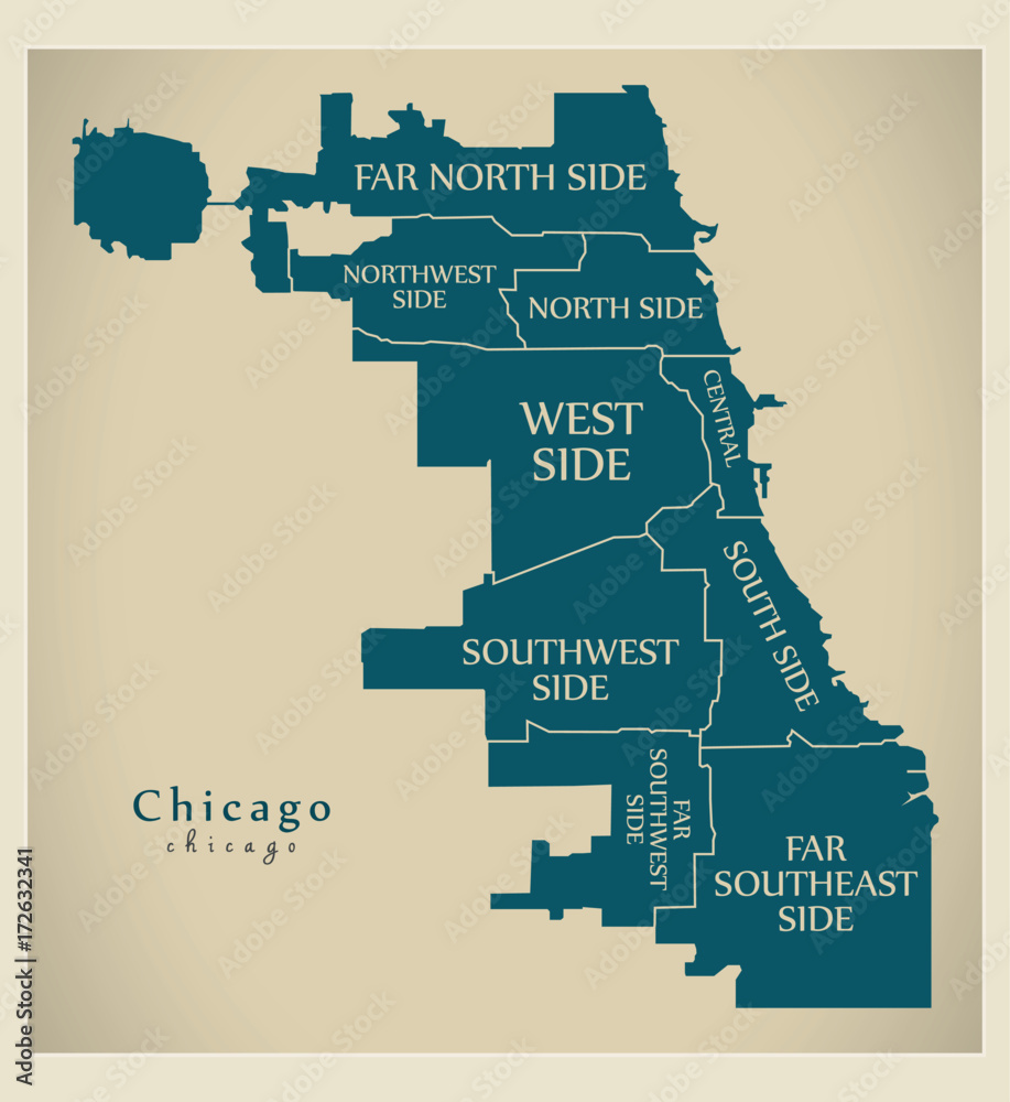 Obraz premium Nowoczesna mapa miasta - miasto Chicago w USA z dzielnicami i tytułami